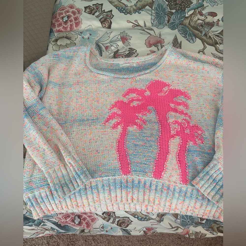 Anthropologie Multicolor Sweater with Pink Palm Design